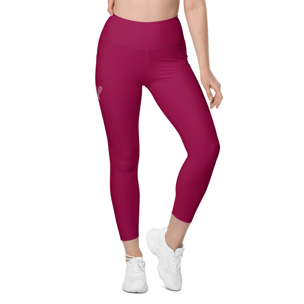 Tennis Racket Leggings with Pockets - Burgundy