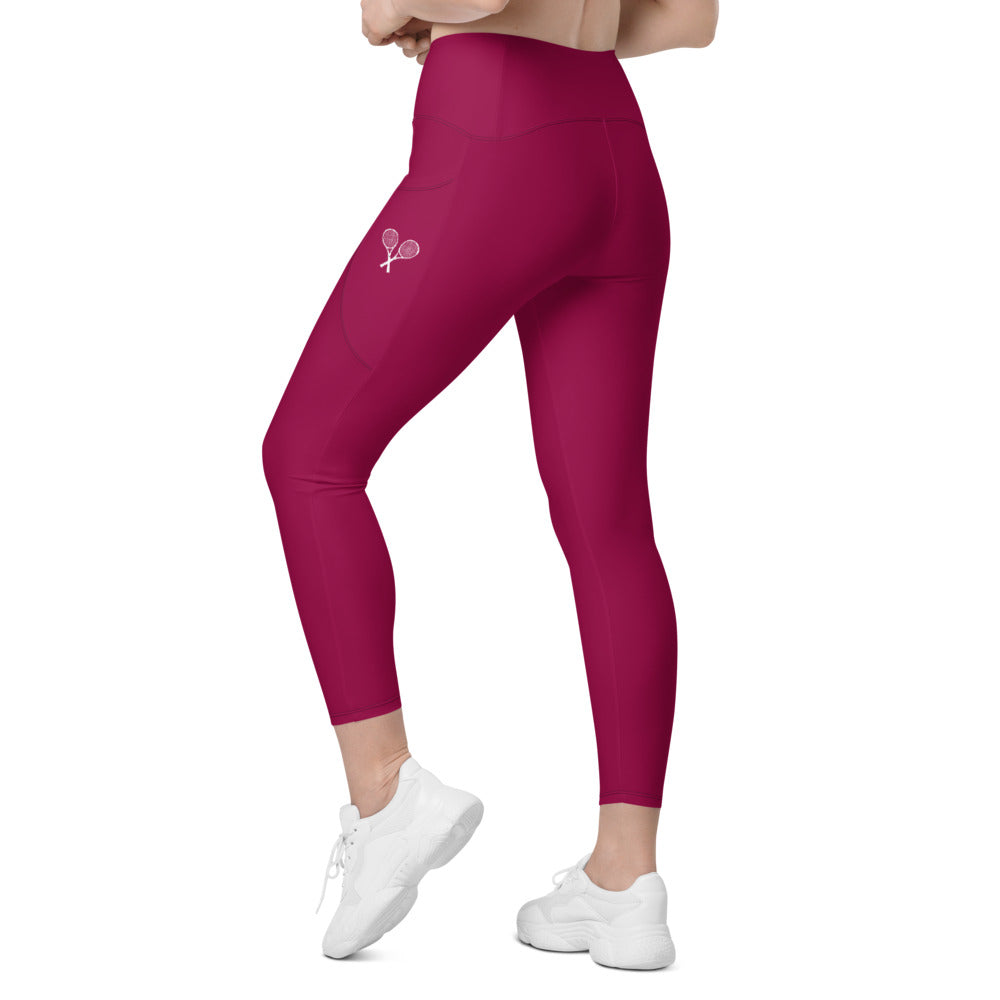 Tennis Racket Leggings with Pockets - Burgundy