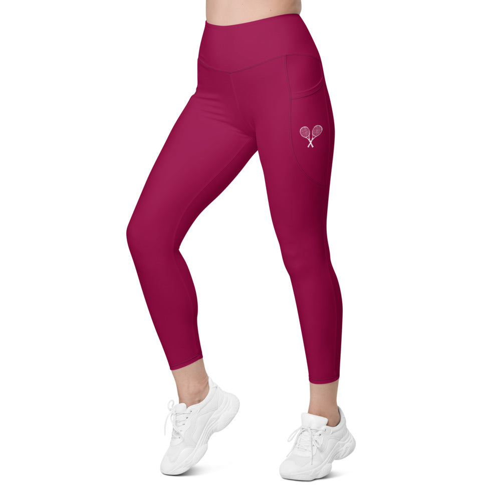 Tennis Racket Leggings with Pockets - Burgundy